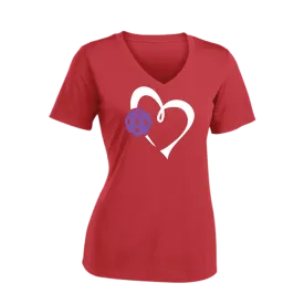 Love Pickleball Heart (Purple) | Women's Short Sleeve V-Neck Pickleball Shirts | 100% Polyester