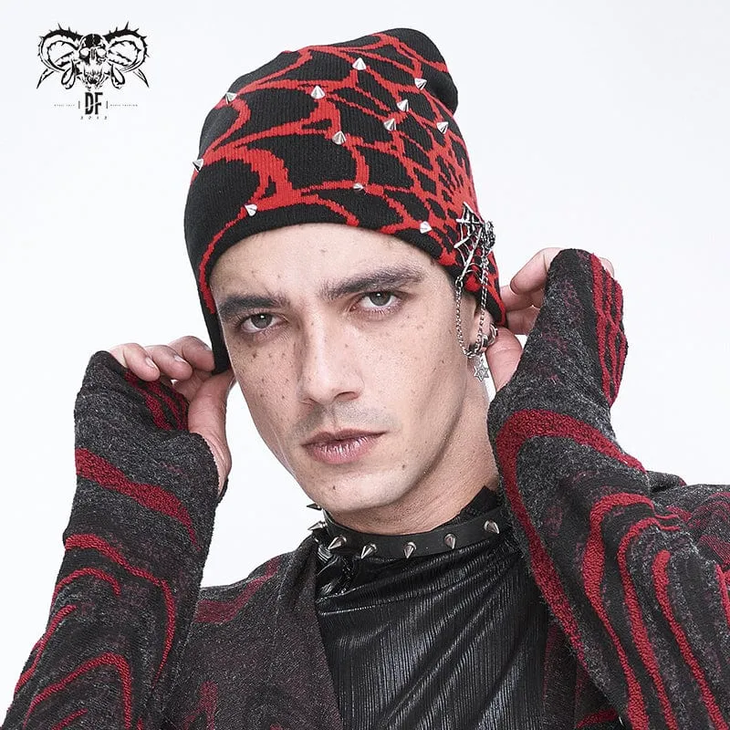 Men's Punk Contrast Color Spider Web Knitted Beanie Red