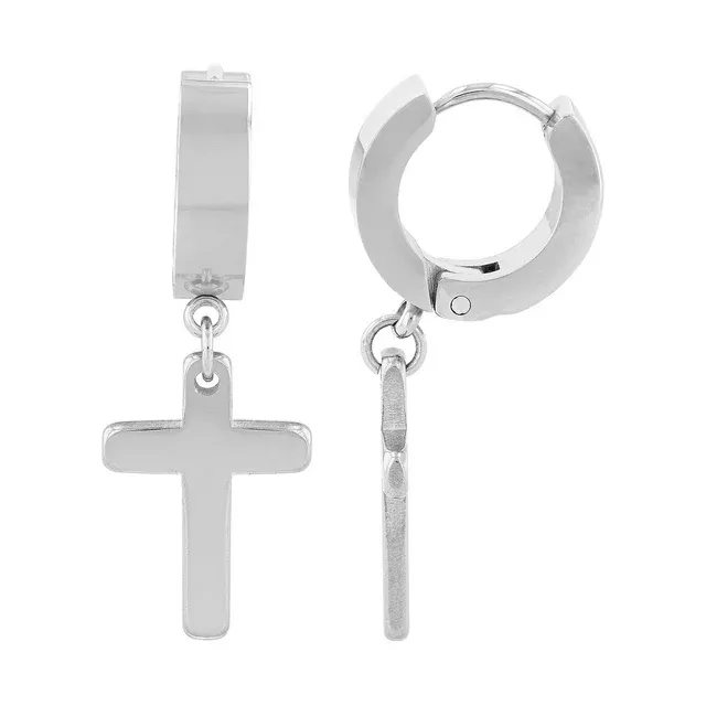 Men's Stainless Steel Cross Stud, Huggie Hoop, and Cross Drop Earrings - Gift Set of 3