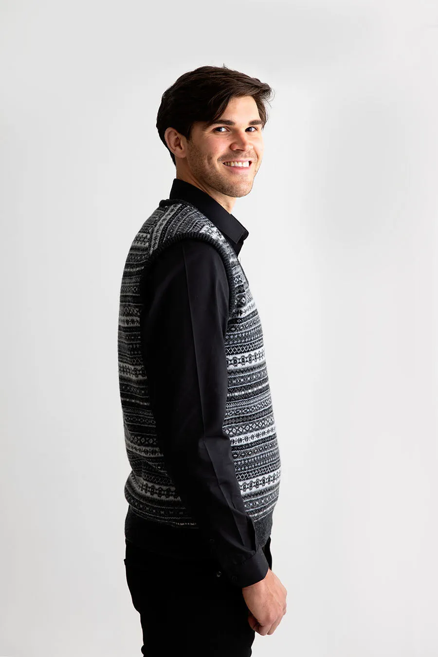 Mens Tweed Fair Isle V Neck Sleeveless Jumper - Charcoal Grey