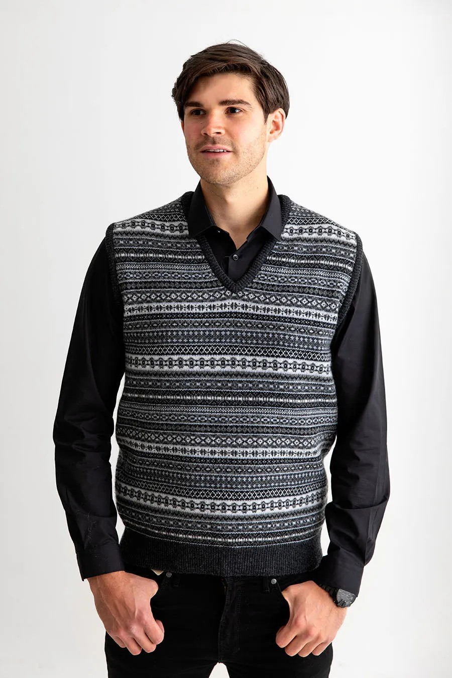 Mens Tweed Fair Isle V Neck Sleeveless Jumper - Charcoal Grey