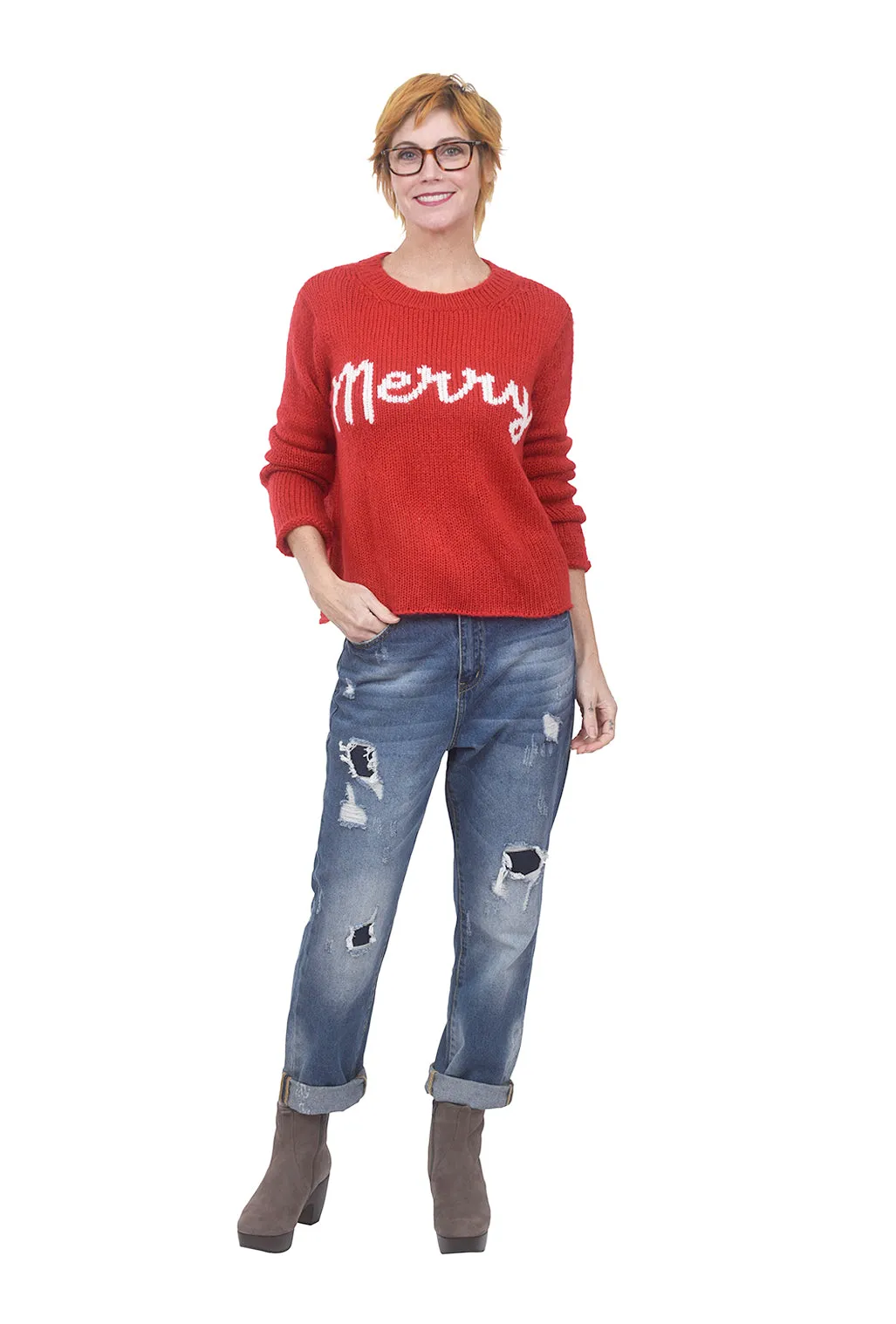 Merry Chunky Crew Sweater, Red