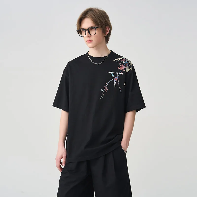 Neo-Chinese Style Shoulder Ink Flower Print T-shirt