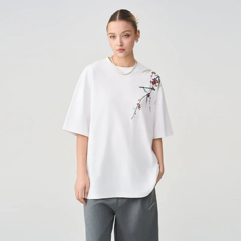 Neo-Chinese Style Shoulder Ink Flower Print T-shirt