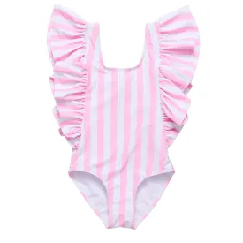 Pink Stripe Wide Frill Swimsuit