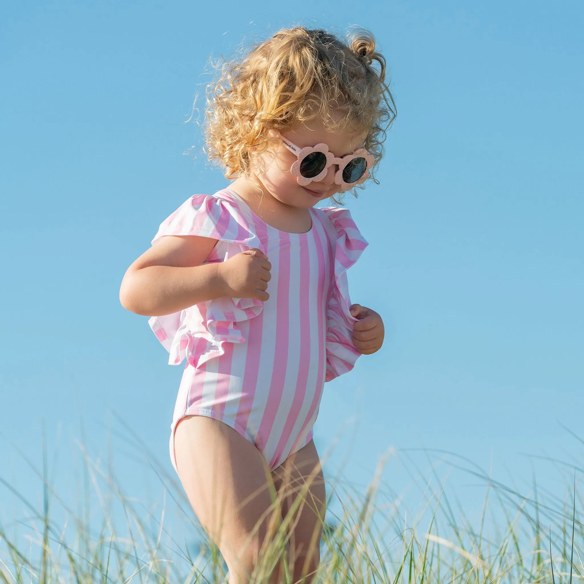 Pink Stripe Wide Frill Swimsuit