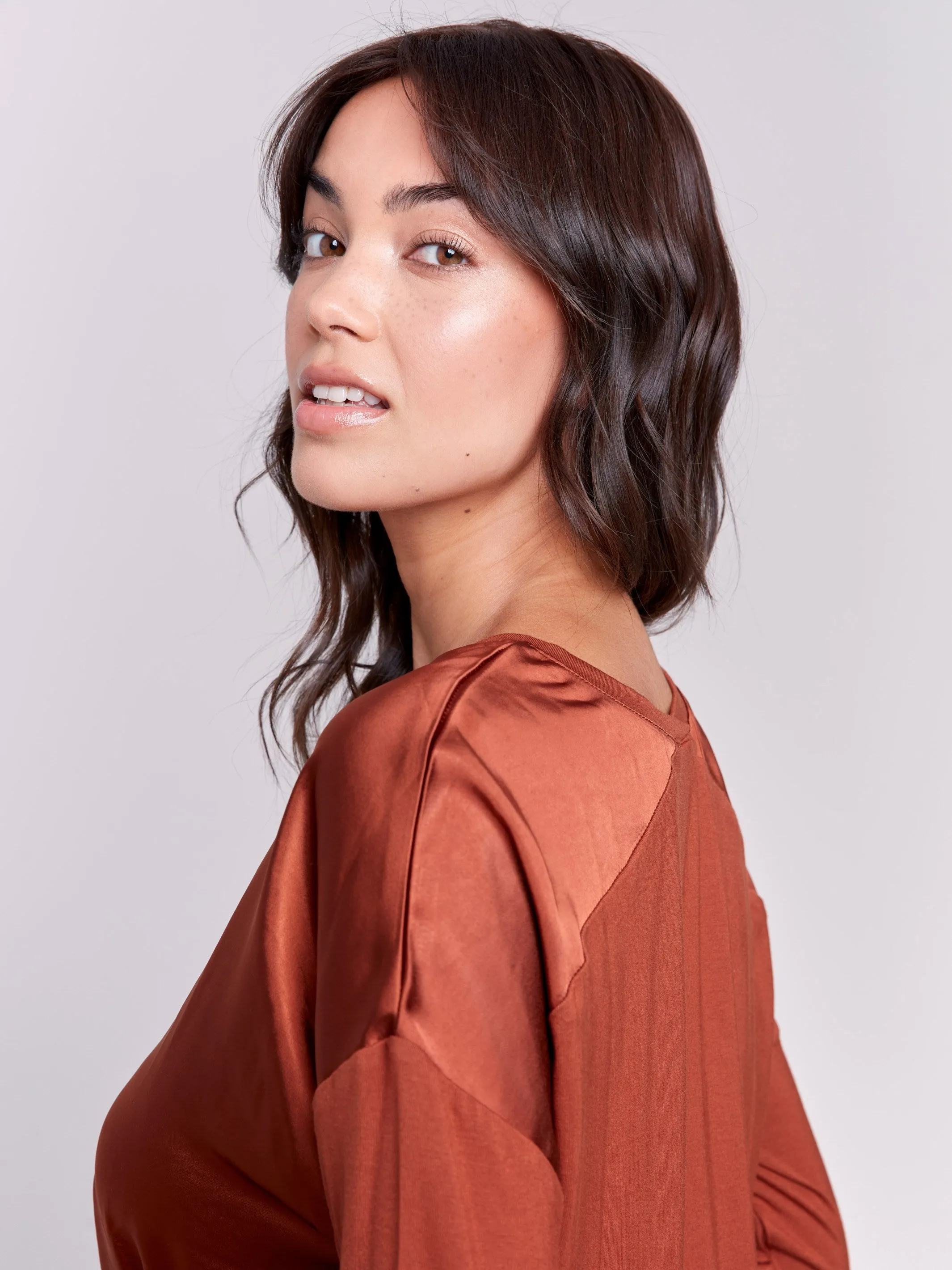 Satin and Jersey V-Neck Knit Top - Terracotta