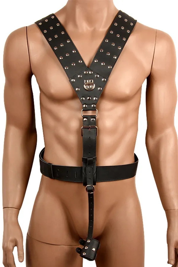 Studded Leather V-Neck Singlet Harness with Cock Sleeve