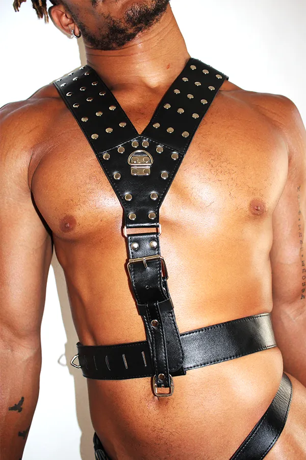 Studded Leather V-Neck Singlet Harness with Cock Sleeve