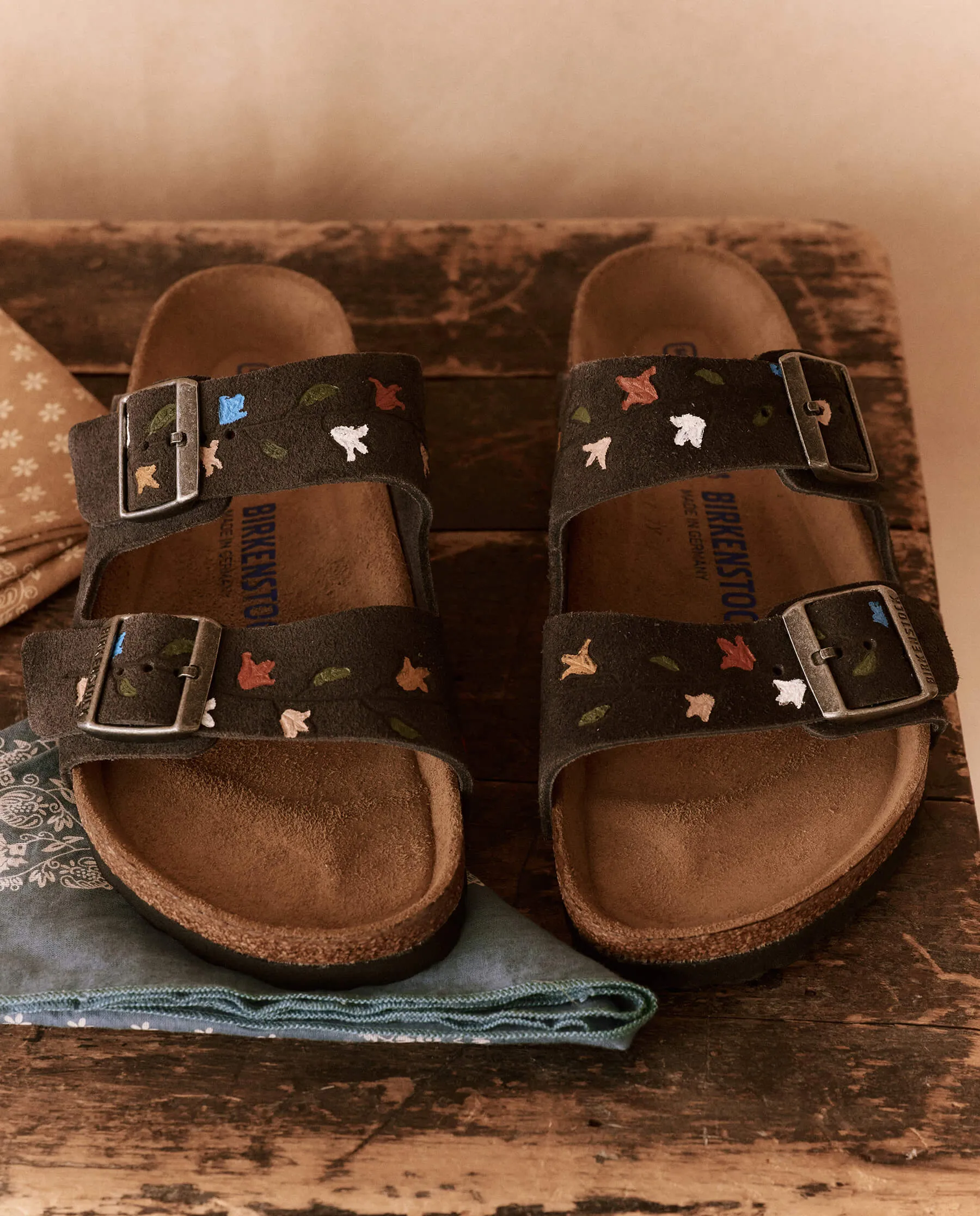 The BIRKENSTOCK Arizona with Hand Painted Tooled Tulip. -- Velvet Gray with Multi