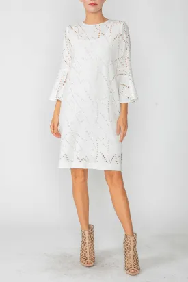 White Perforated Bell Sleeve Dress