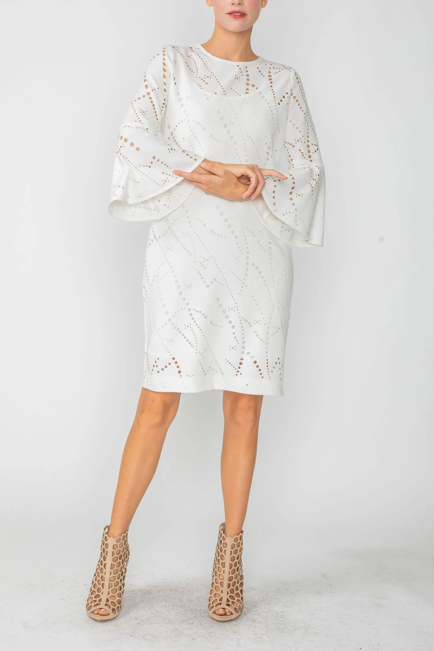 White Perforated Bell Sleeve Dress