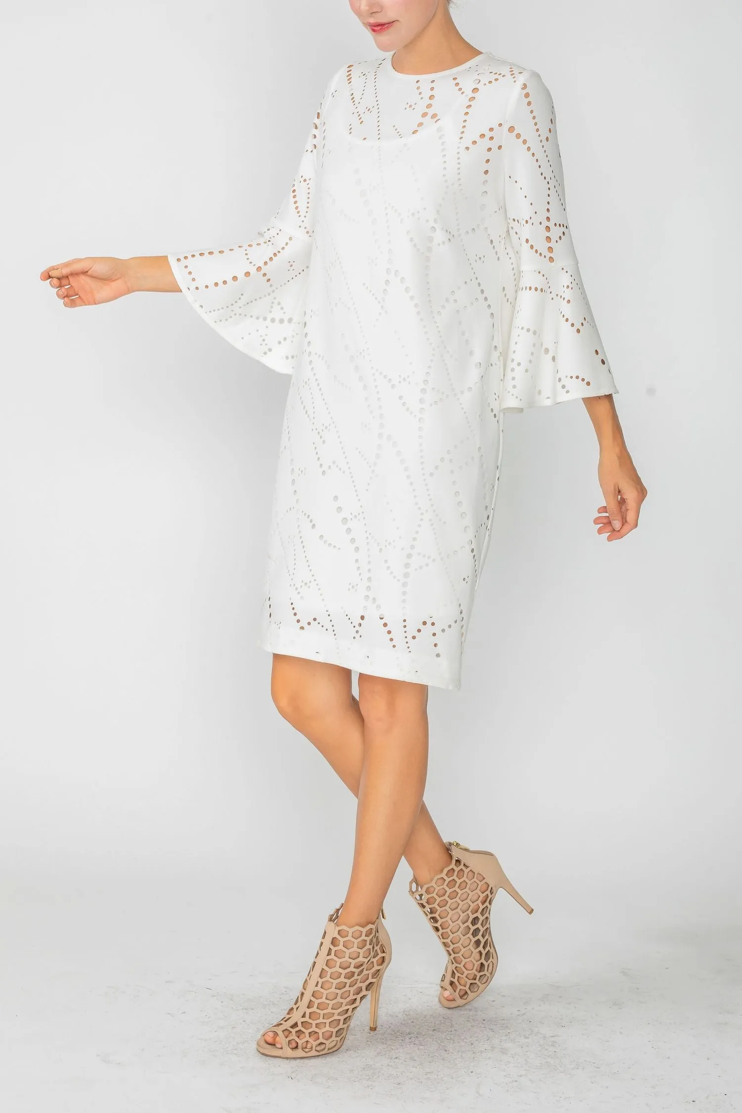 White Perforated Bell Sleeve Dress